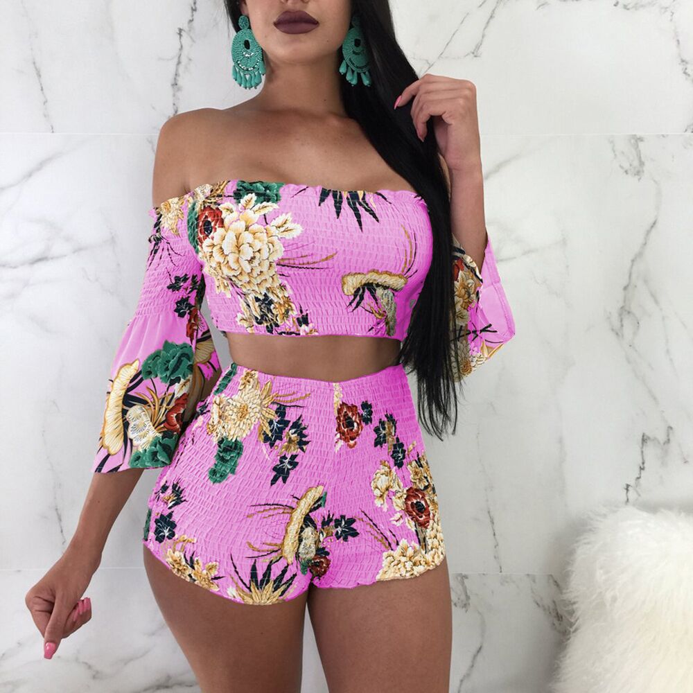 Women's Fashion Print Off Shoulder Bell Bottom Sleeve Two-Piece Set 8
