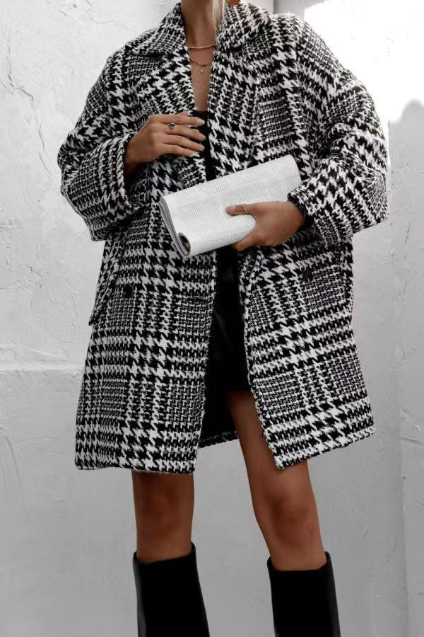 Autumn Winter Houndstooth Woolen Coat 3