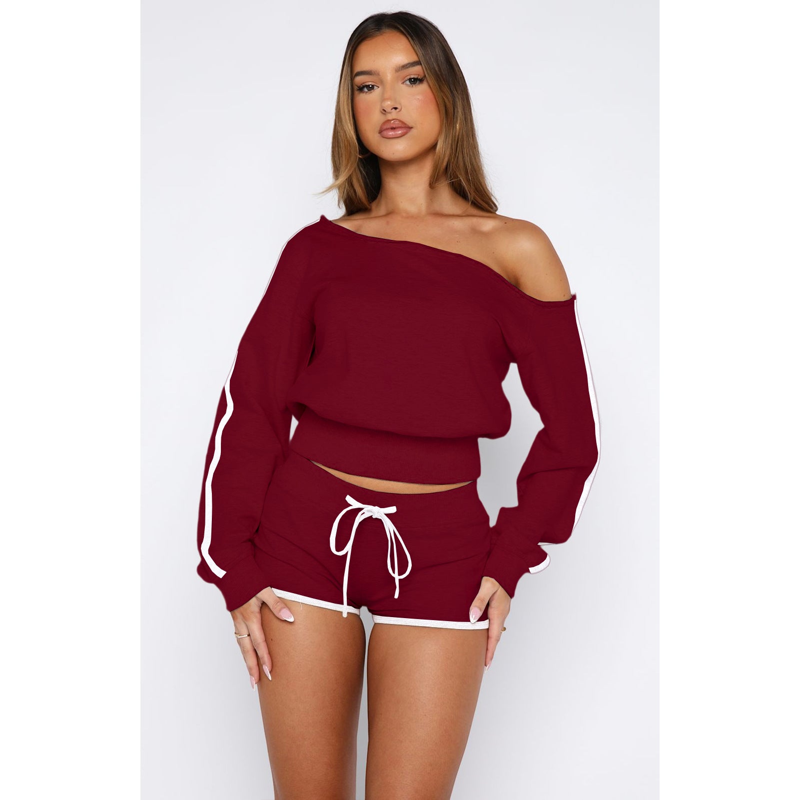 Women's Casual Slash Shoulder Long Sleeve Top Drawstring Shorts Two-Piece Set 47