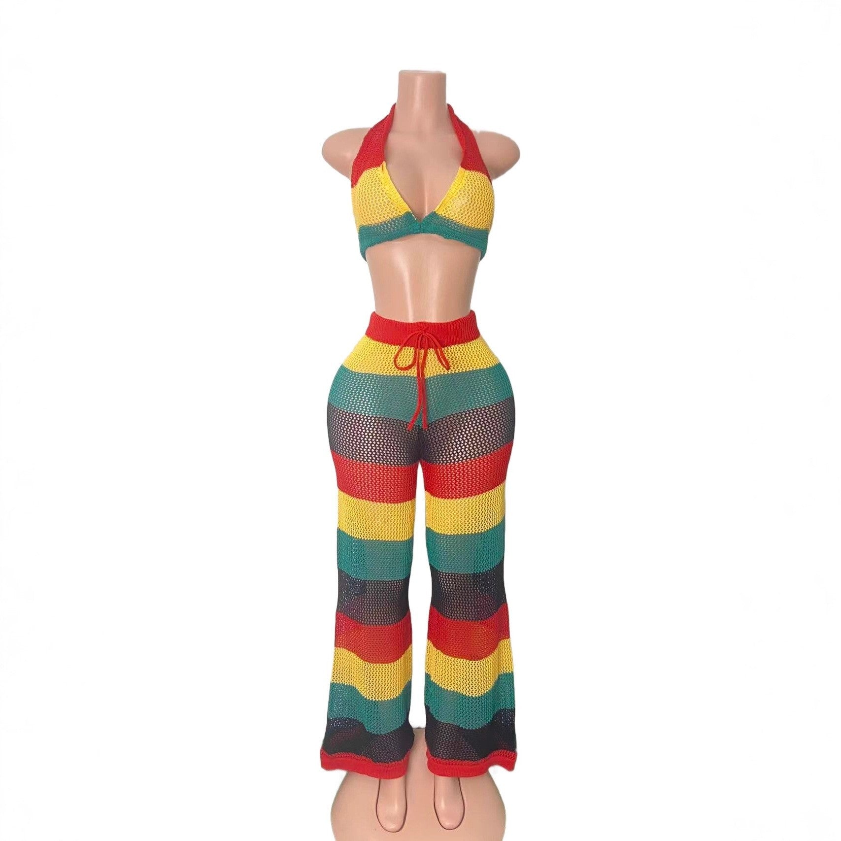 Women multi-color striped halter neck backless top and knitting pant, sexy see-through mesh two-piece set. 10