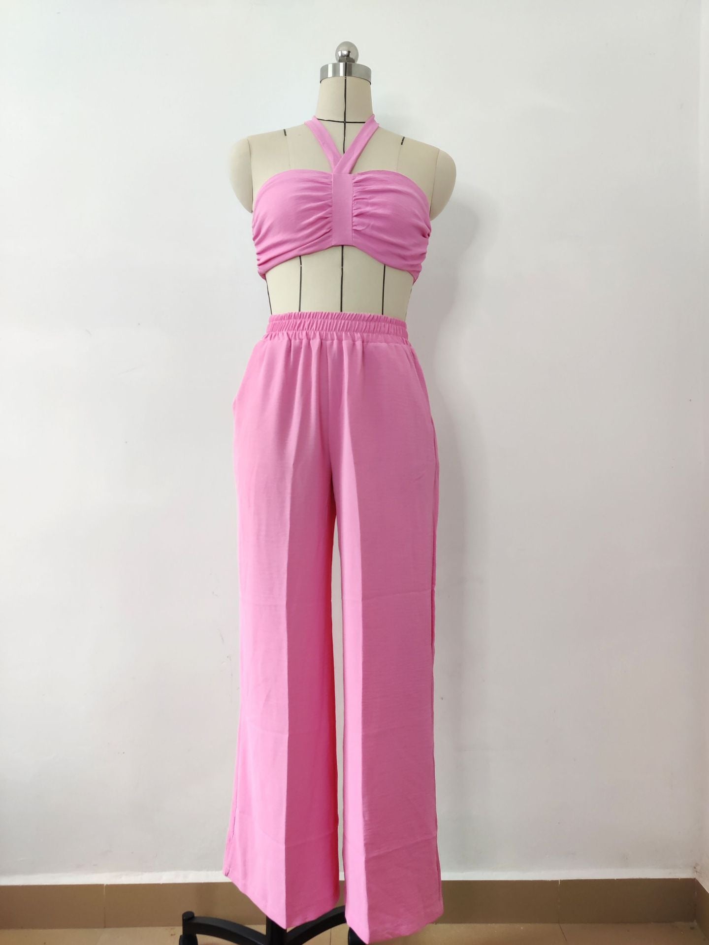 Fashion Women's Sleeveless Sexy Strappy Top Elastic Waist Loose Trousers Two-Piece Set 19