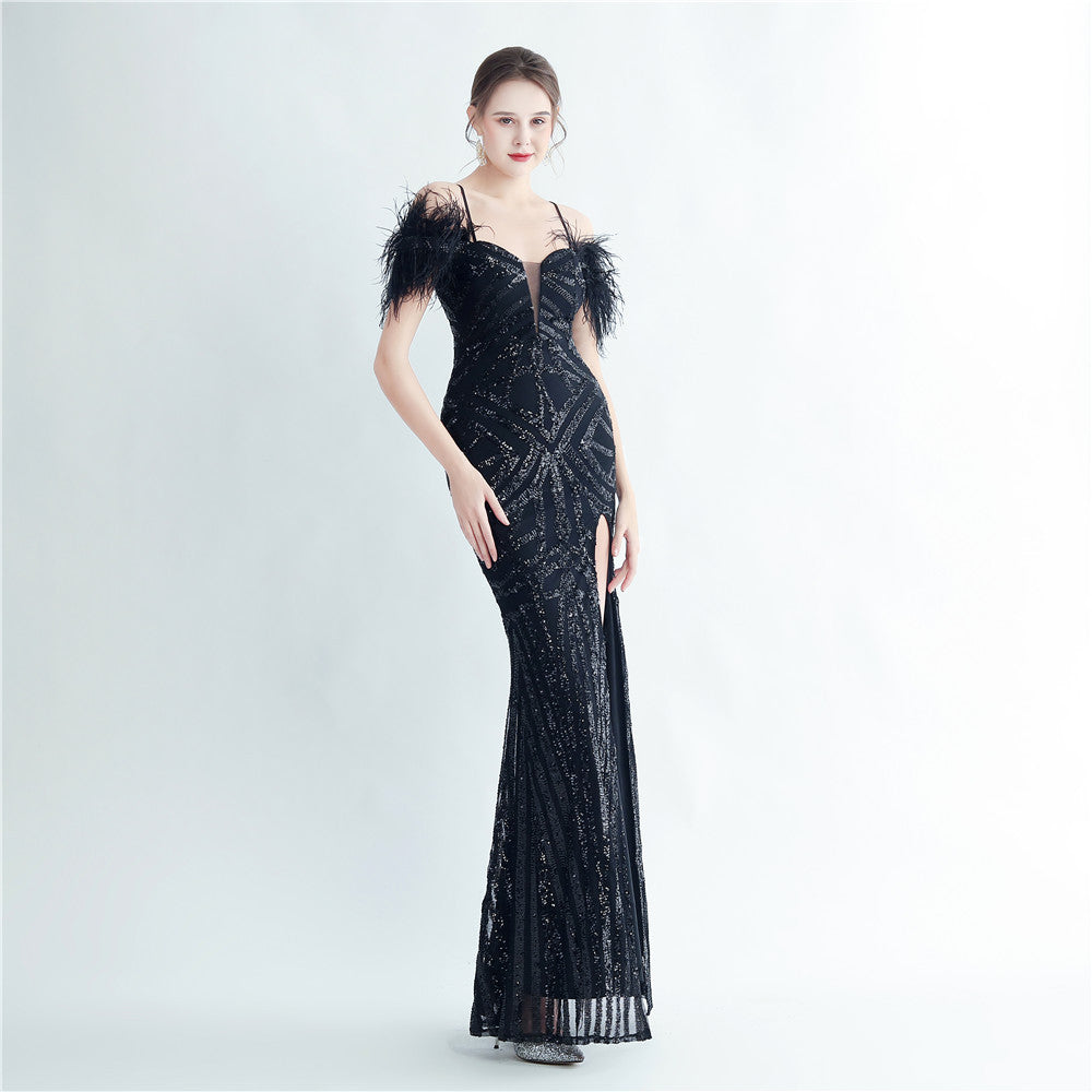 Positioning sequin feather straps off shoulder formal party evening dress 5