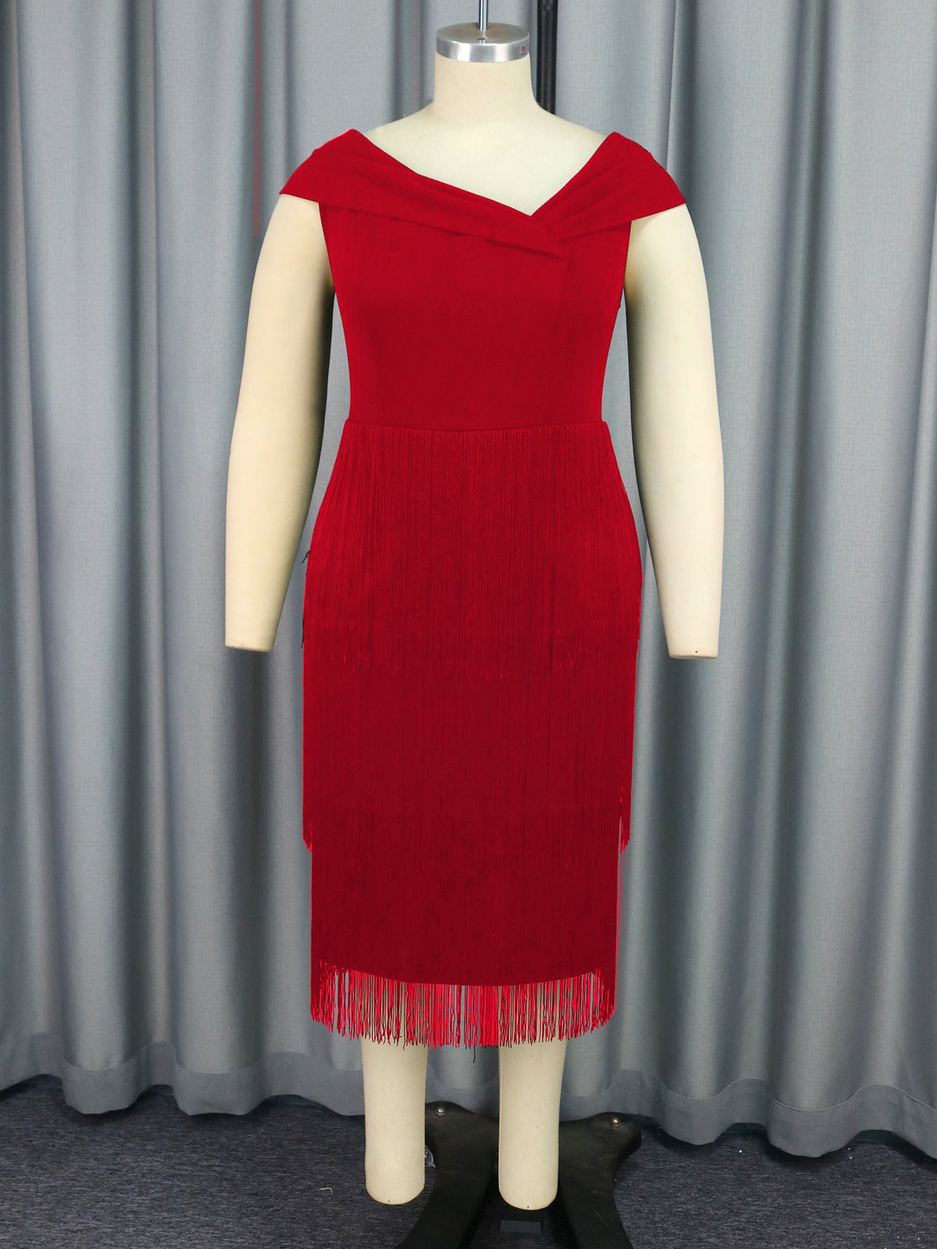 Women Asymmetric Collar Sleeveless Tassel Party Dance Elegant Dress 10