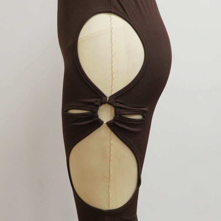 Women Summer Brown Sexy V-neck Short Sleeves High Waist Solid Hollow Out Skinny Two Piece Pants Set 7