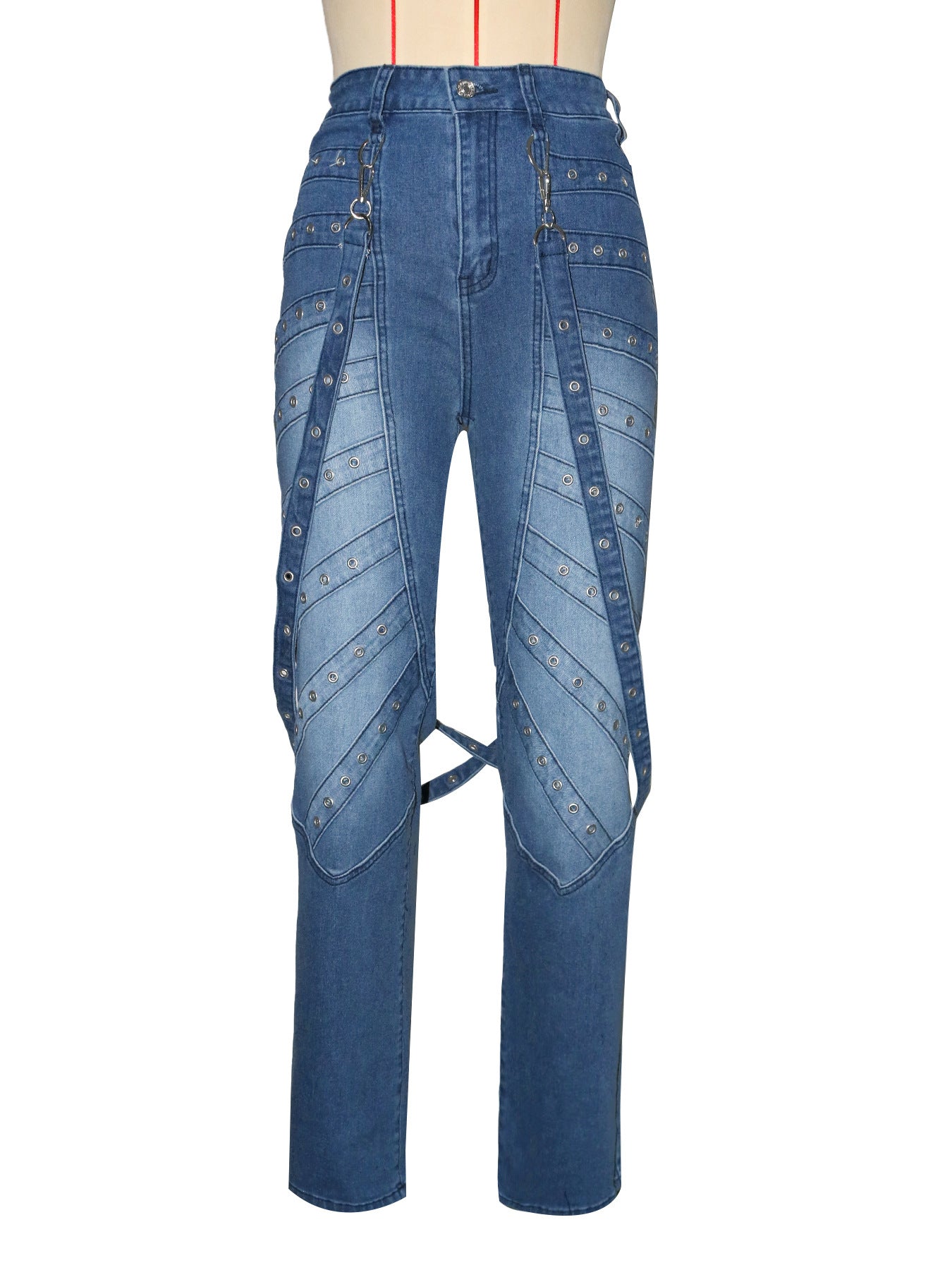 Women's Fashion High Waist Denim Pants Metal Studs Casual Trousers 6