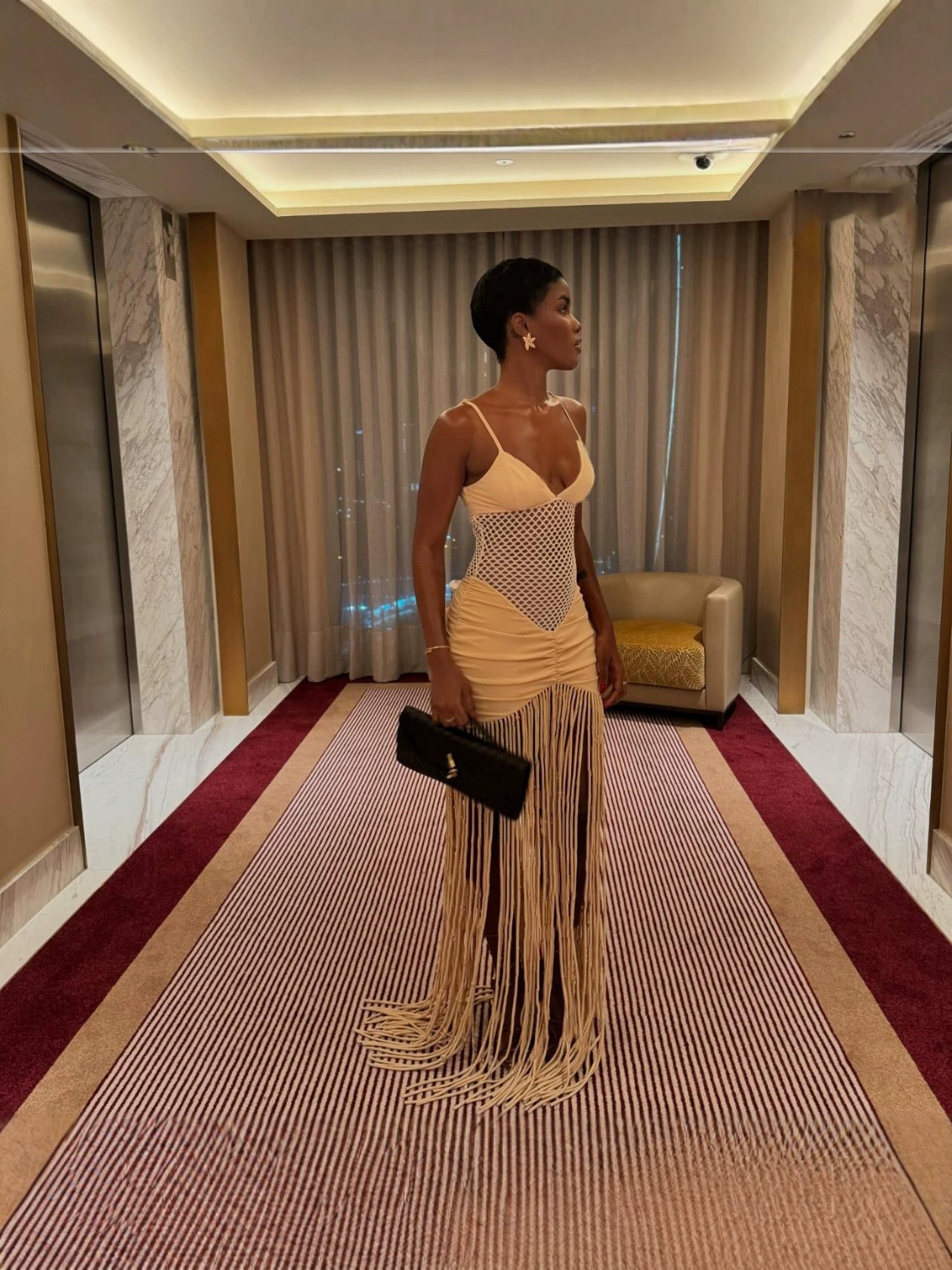 Spring Summer Fashion Strappy Mesh Open Waist Sexy Pleated Bodycon Fringe Dress 3