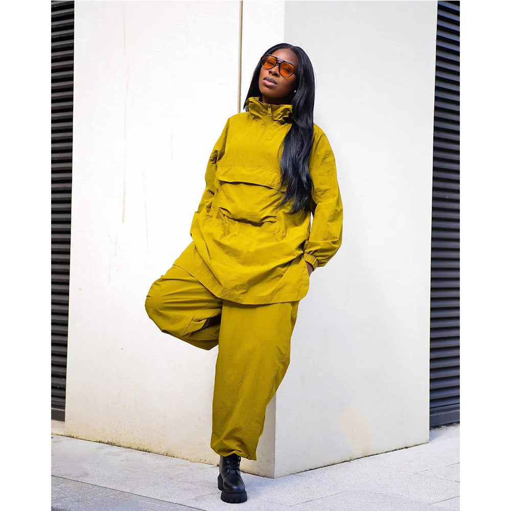 Solid Color Outdoor Hiking Casual Hooded Fashion Casual Waterproof Windbreaker Sports Two Piece Pants Set 3