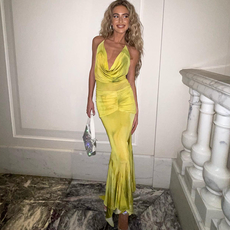 Women's Autumn Chic Style Halter Neck Deep V Print Long Dress 5