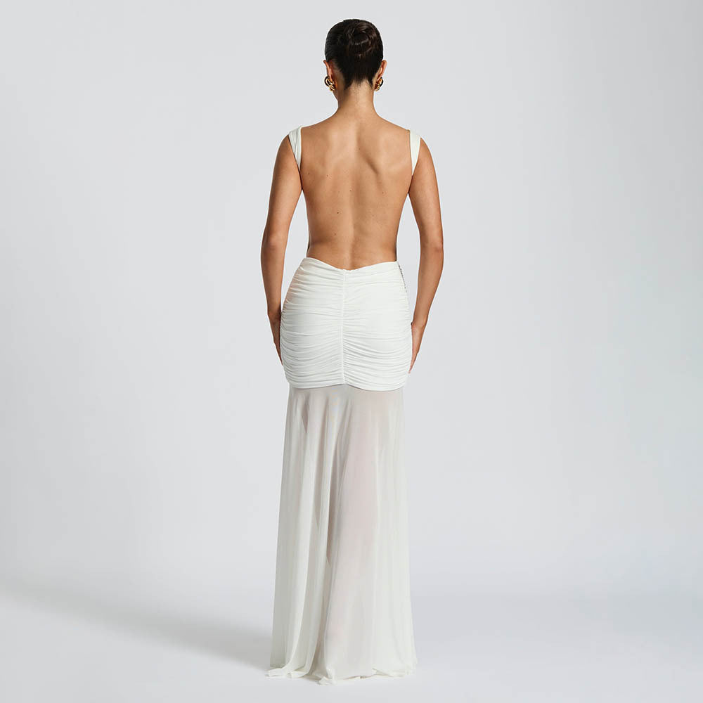 Women's Summer Sexy Solid Sleeveless Low Back Slit Pleated Long Dress 7