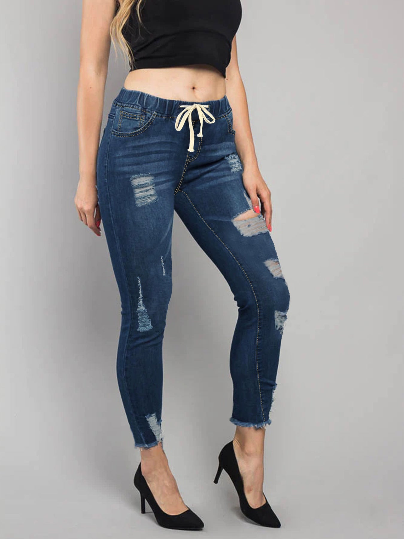 Women's Elastic Waist Ripped Denim Pants Women's Mid Rise Tie Slim Fit Stretch Tight Jeans 4