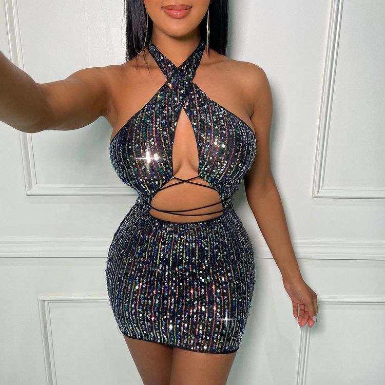 Women Sexy Backless Sequin Halter Bodycon Dress