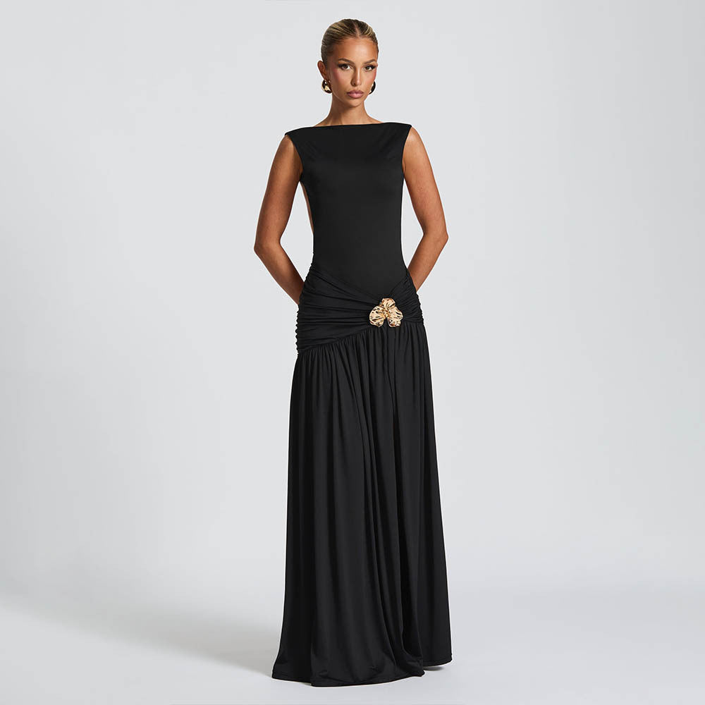 Women's Summer Sexy Solid Sleeveless Low Back Slit Pleated Long Dress 3