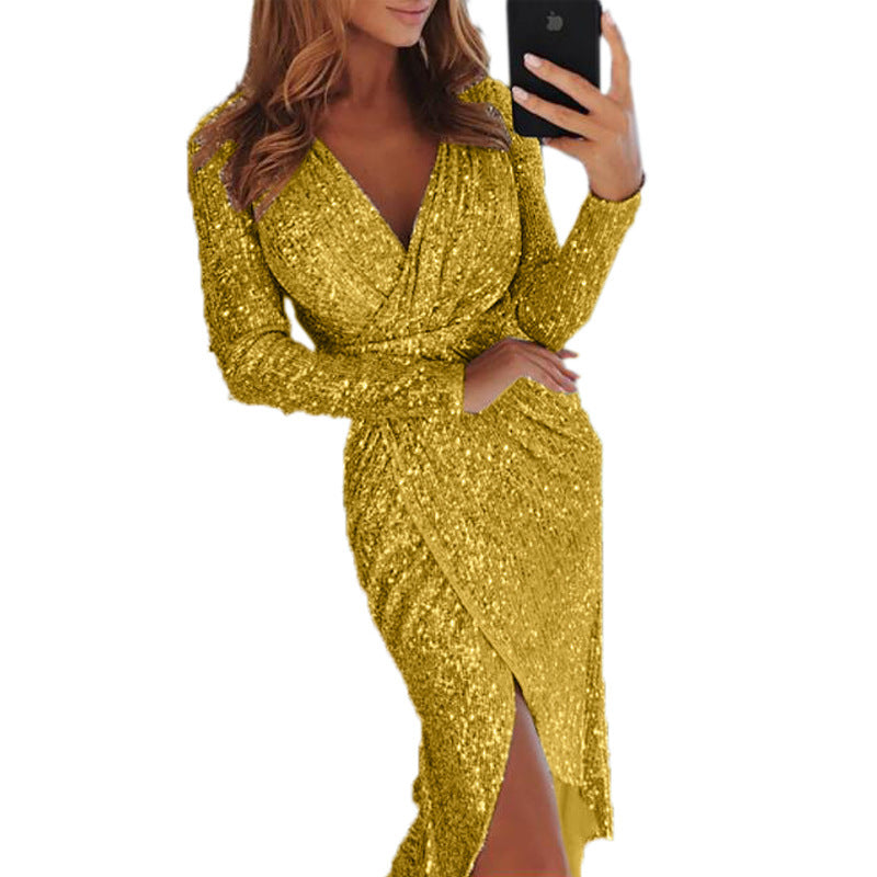 Women Shiny long-sleeved V-neck sparkling evening sexy dress 7