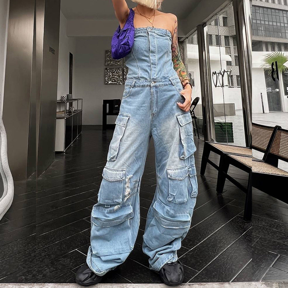 Women Street Style Strapless Pockets Denim Cargo Jumpsuit 3