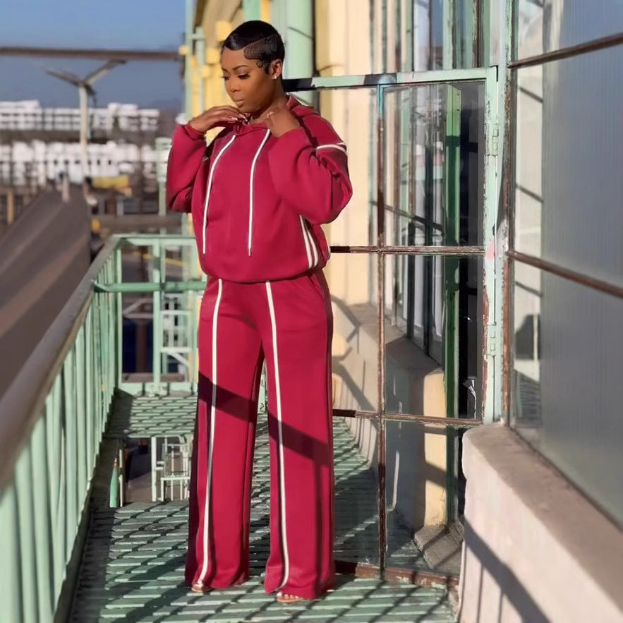 Ribbon Patchwork Hooded Hoodies Pants Two-Piece Tracksuit 9