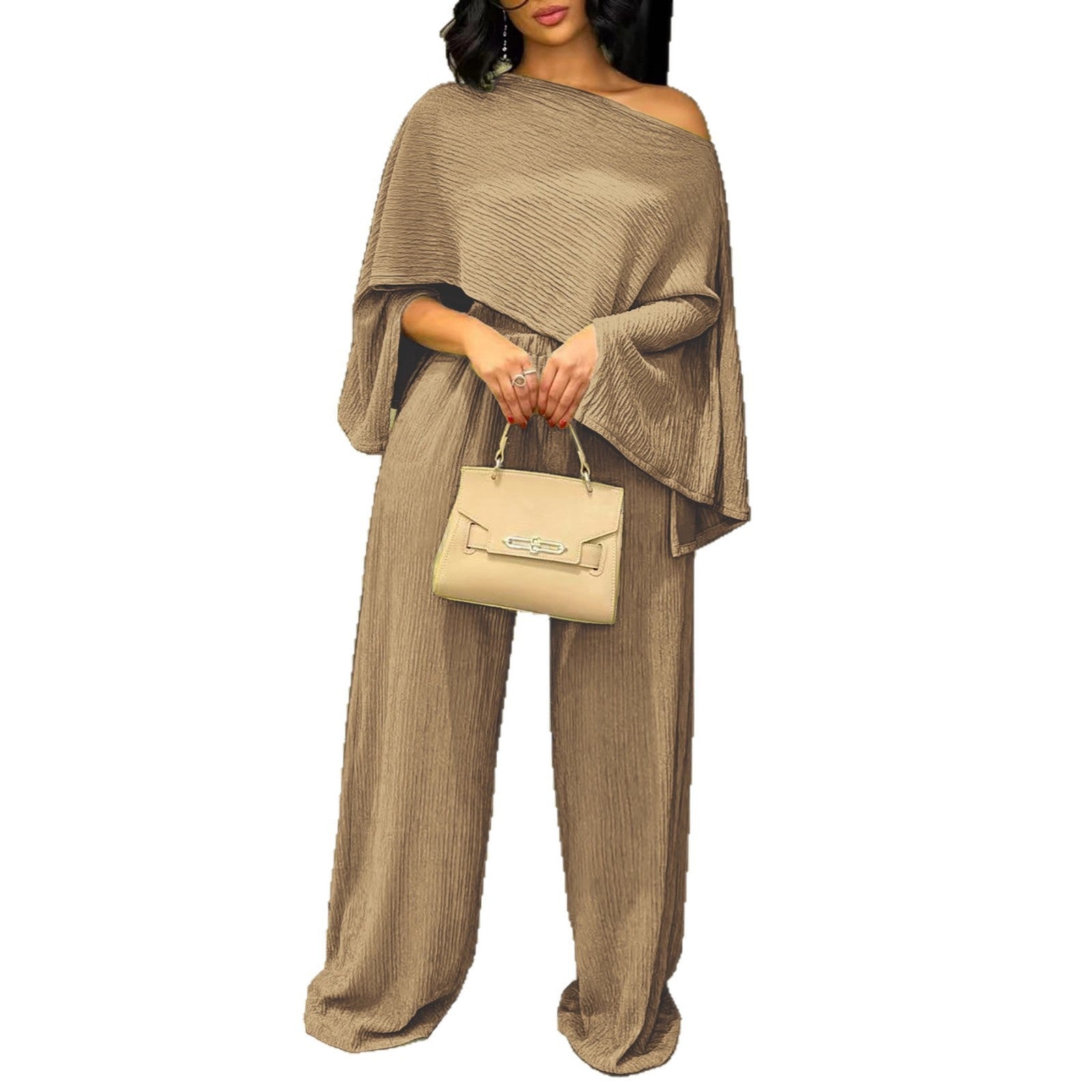 Women's Fashion Sexy Beach Holidays Solid Slash Shoulder Irregular Top with Elastic Waist Pockets Long Pants Set 25