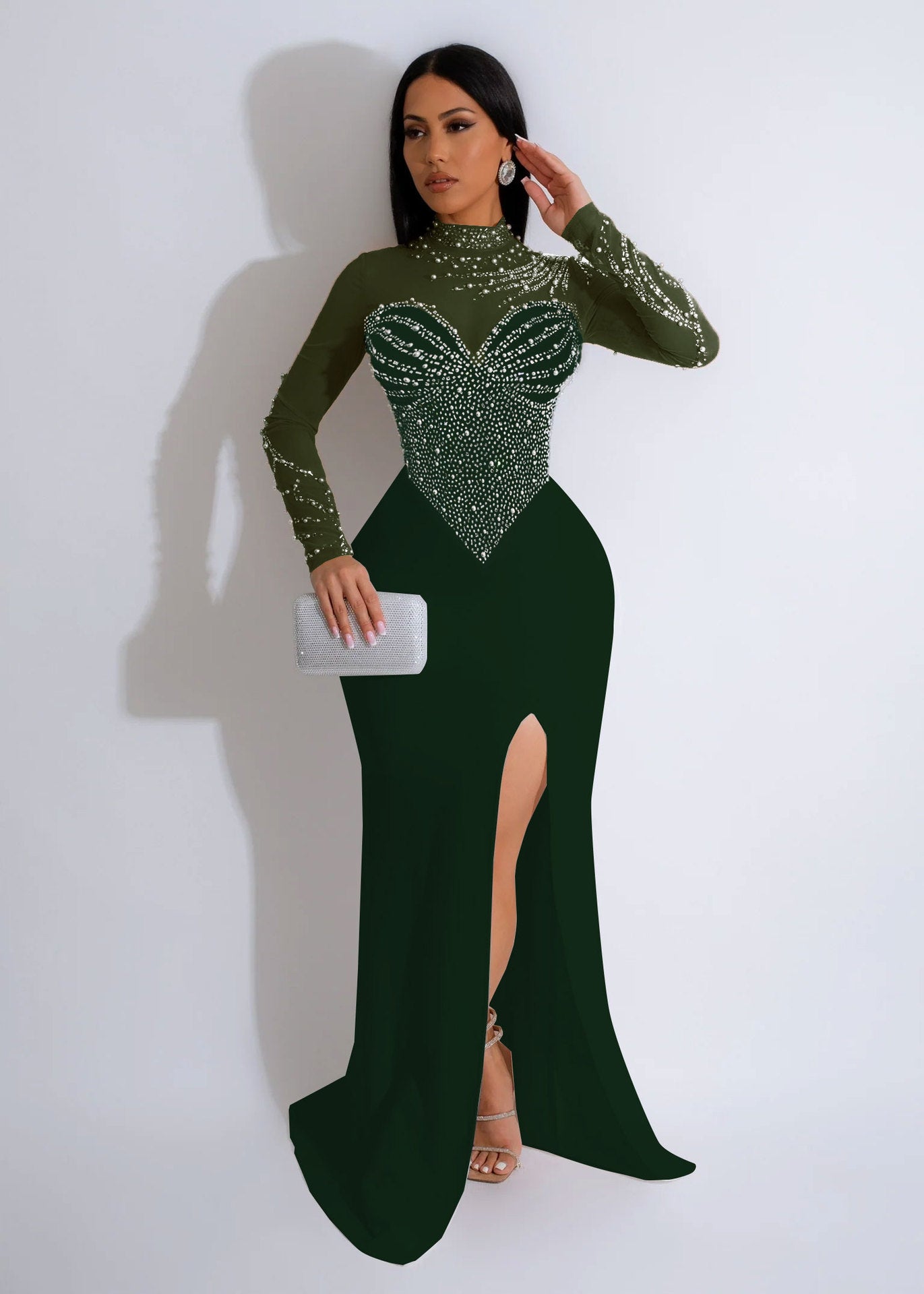 Women Beaded See-Through Bodycon Stretch Slit Dress 3