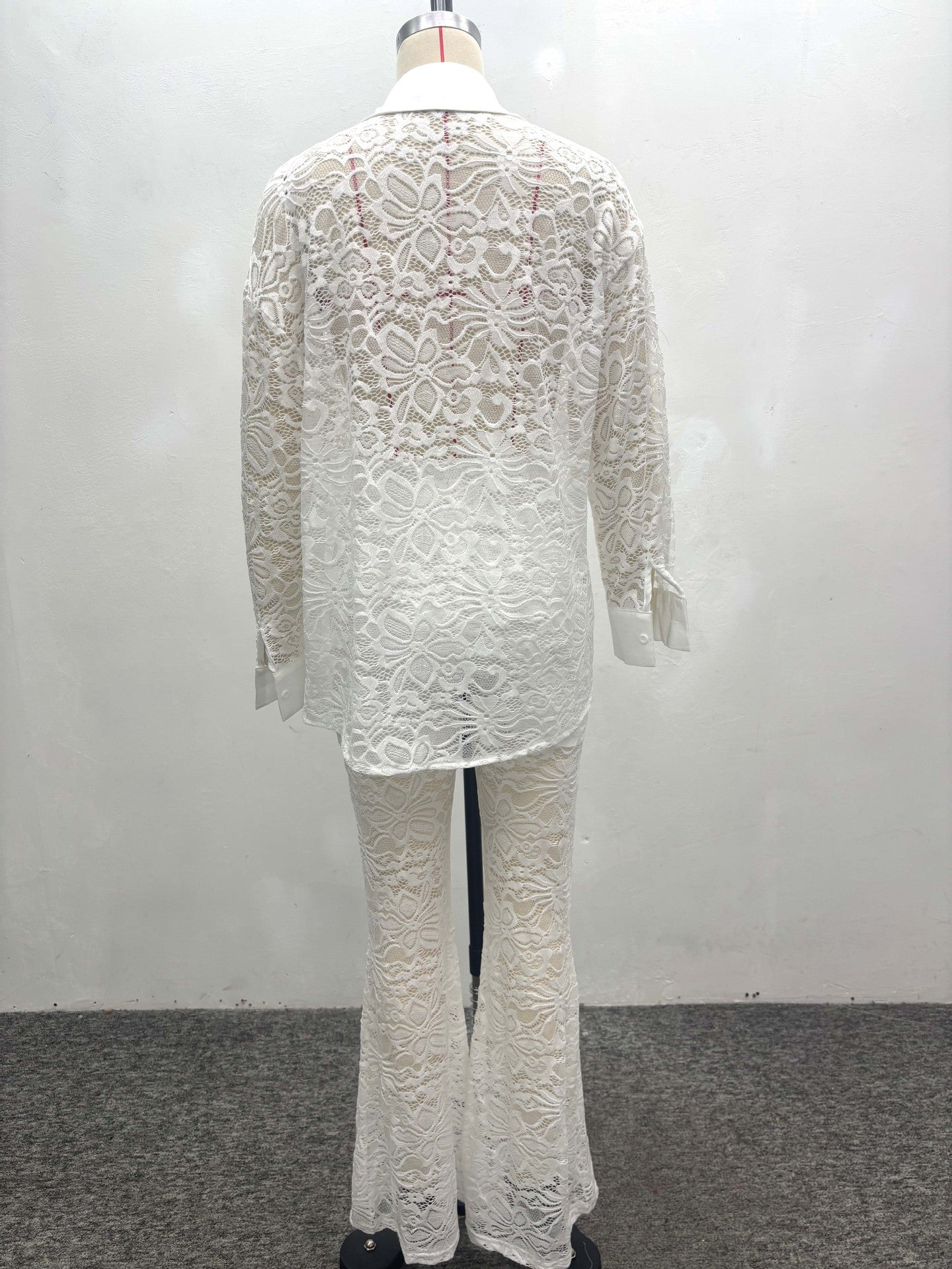 Women Hollow White Cardigan Lace Shirt and Wide-leg Pants Two-piece Set 8