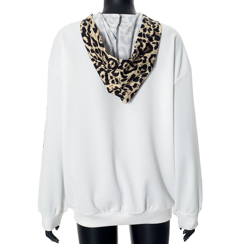 Women Leopard Patchwork Drawstring Pocket Loose Casual Hoodies 11