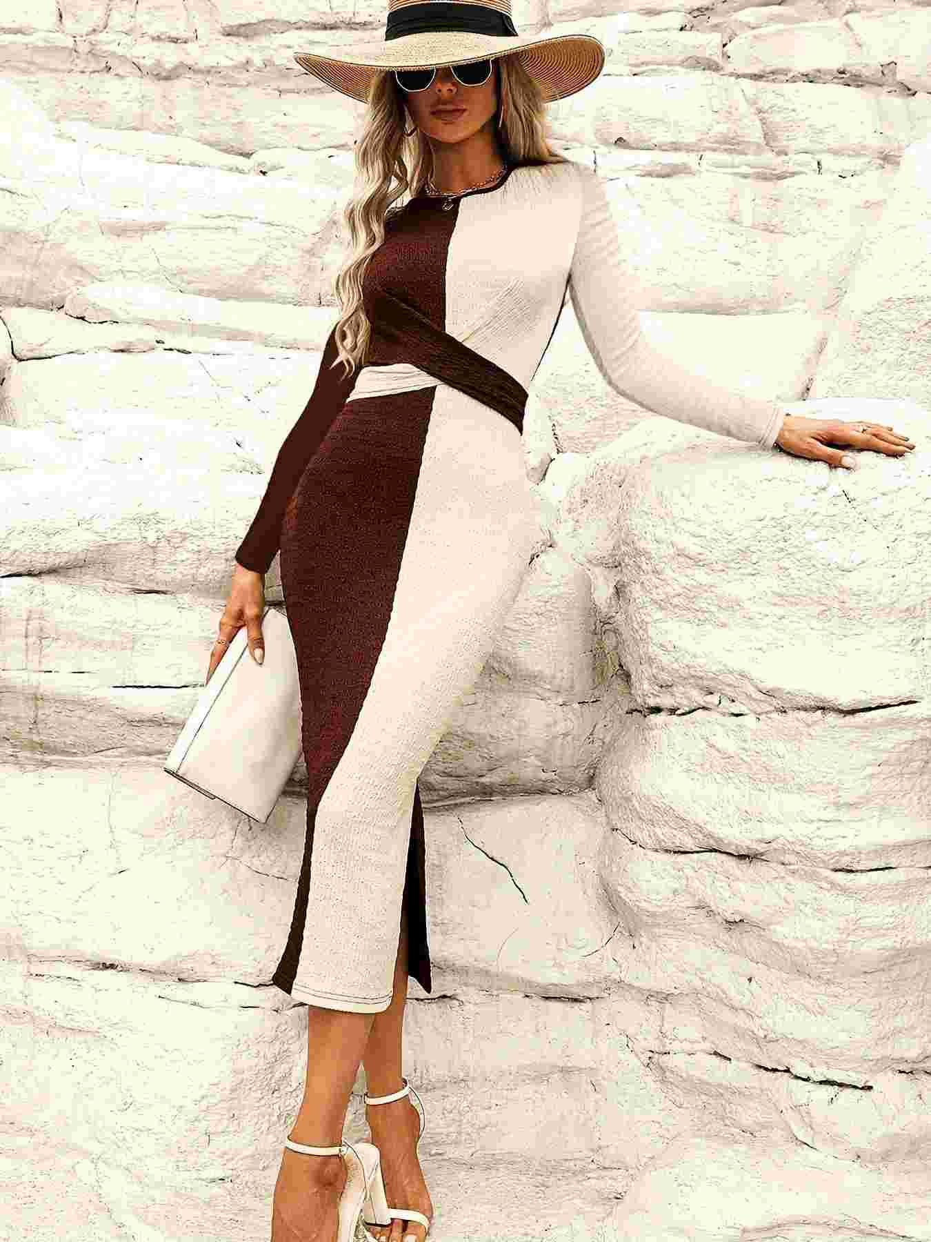 Women Crepe Knitting Stretchy Contrast Patchwork Lace-Up Bowknot Slit Long Sleeve Dress 6