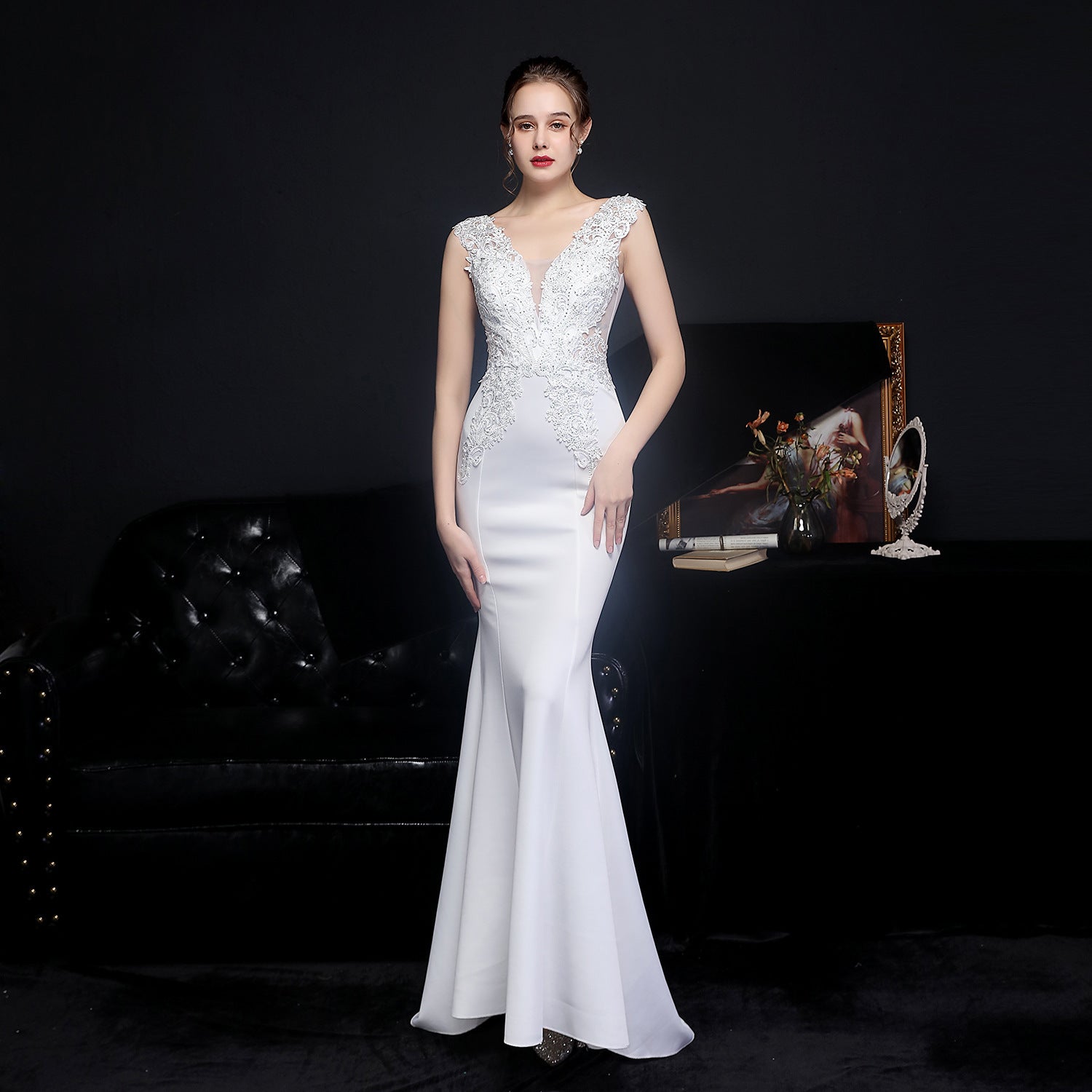 Plus-Size Women Lace-Trimmed Rhinestone Bridal Mermaid Evening Dress
