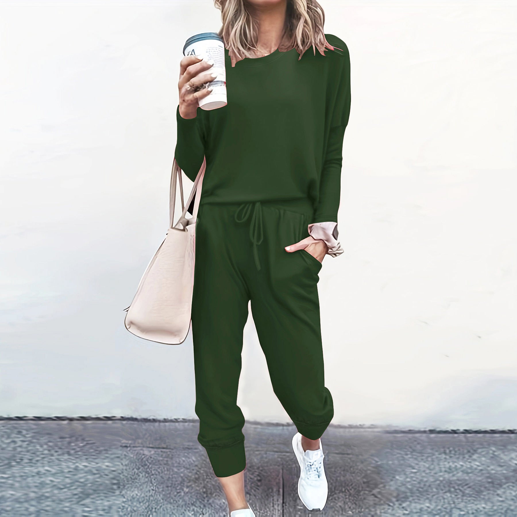 Autumn and Winter Women's Clothing Round Neck Loose Solid Color Long Casual Two-piece Pants Set 15