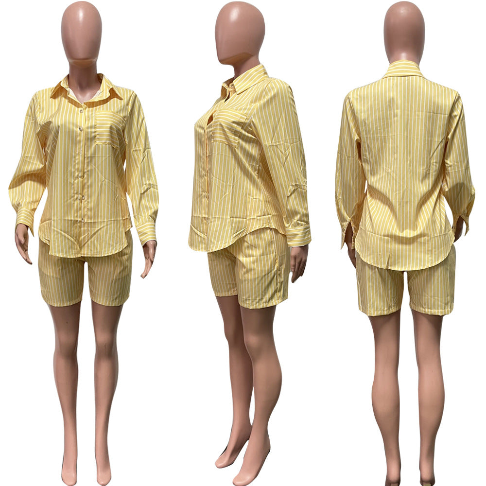 Women's Fashion Casual Stripe Patch Pocket Summer Shirt Shorts Two-Piece Set 21