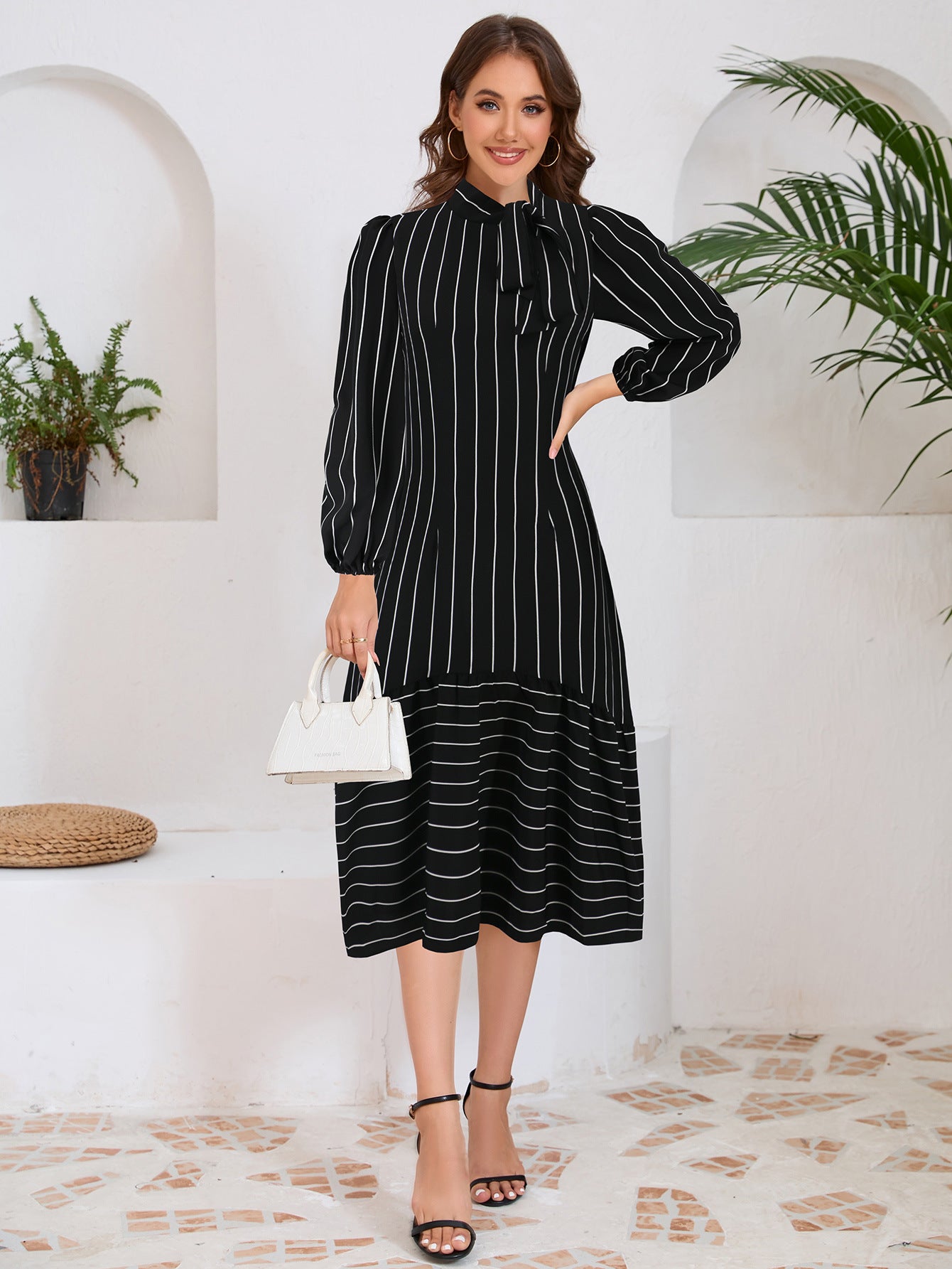 Women's fashion Stand Collar striped professional dress