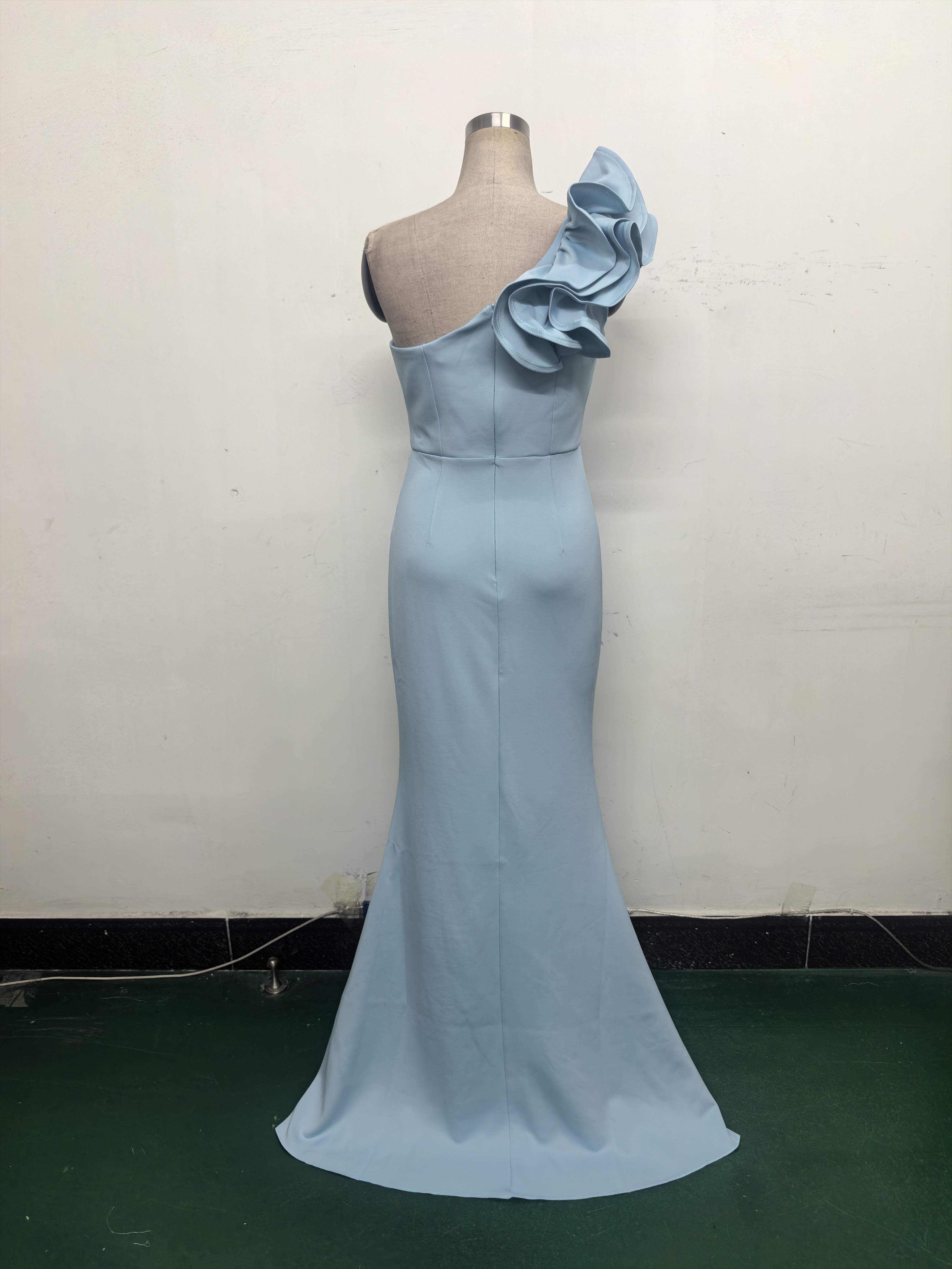 Women One-Shoulder Beaded Wool and Floral Satin Slit Sexy Evening Dress 16