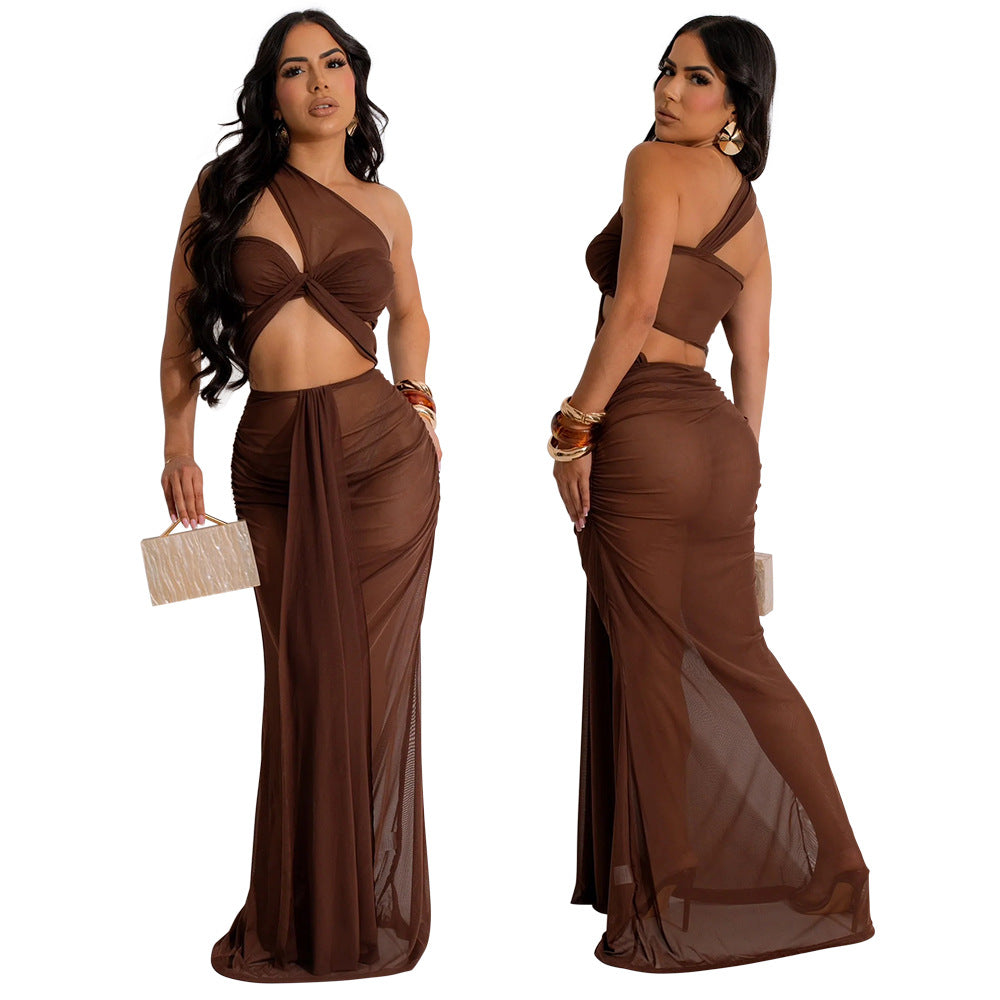 Fashionable Sexy See-Through Mesh Irregular Long Dress Including Underwear 3