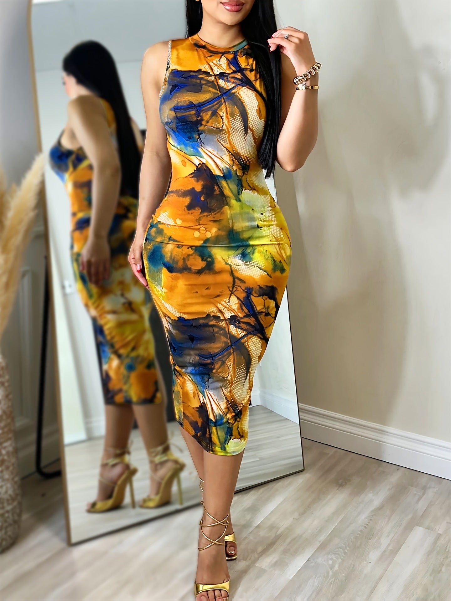 Graffiti Sexy High-Slit Round Neck Sleeveless Dress 5