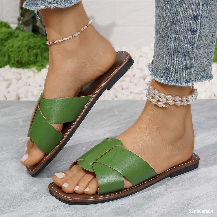 Summer Plus Size women's fashionable leather flip flops outdoor wear flat slippers 15