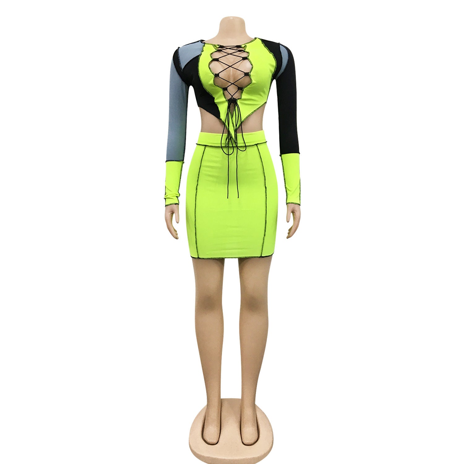 Women Lace-up Hollow Top and Skirt Two Piece Set 29