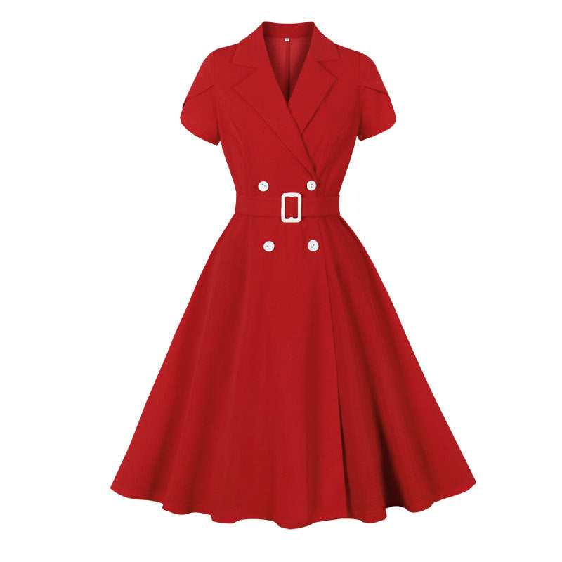 Summer Women Red Turndown Collar Short Sleeve Dress
