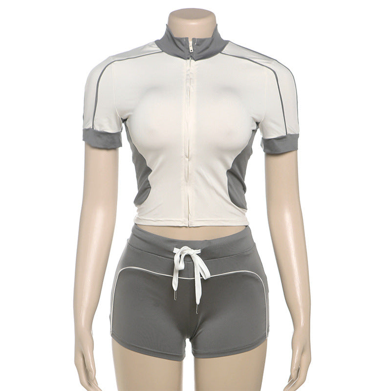 Fashionable Stand Collar Slim Fit Fitness Top & Shorts for Casual Sports Set 21