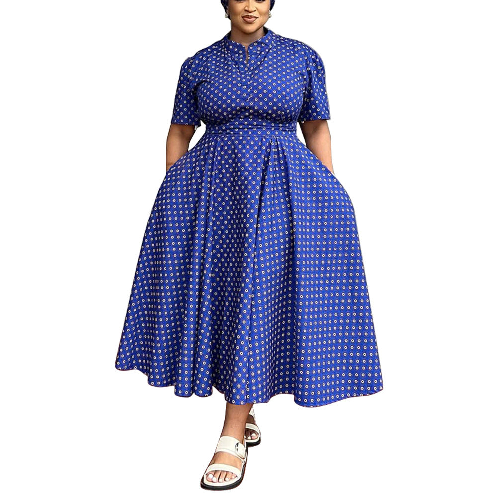 Summer Plus Size Women's Short Sleeved V neck Bohemian Polk Dot Print Long Dress 7