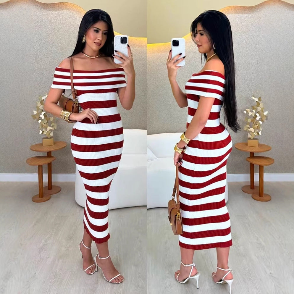 Contrast stripes women summer sexy off-shoulder knitting long dress 6