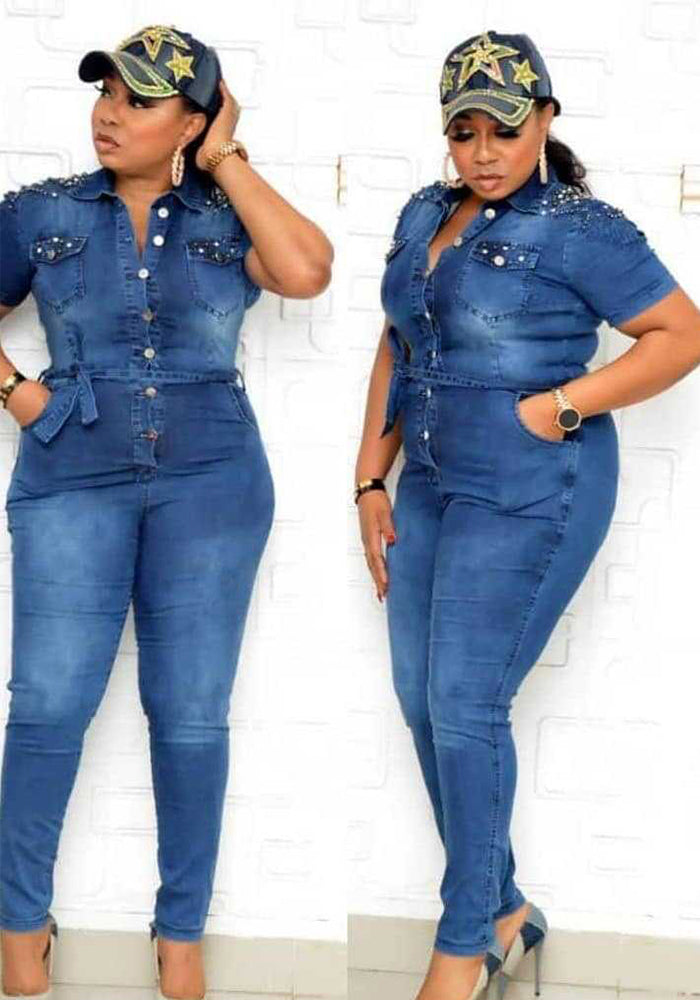 African Women Stretchy Beaded Denim Jumpsuit