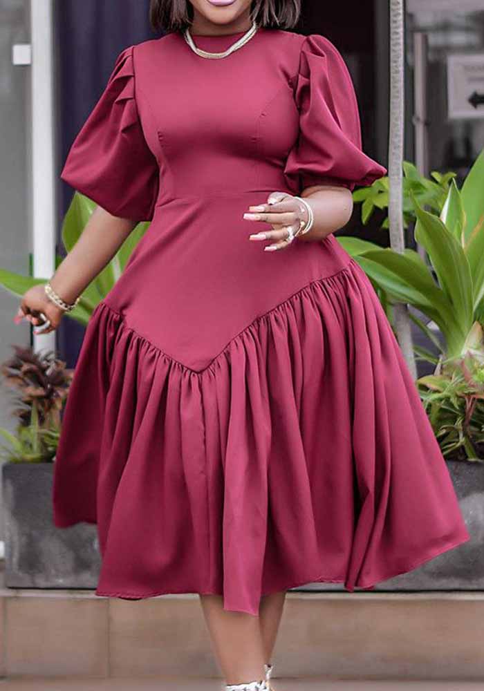 Women's Pleated African Plus Size Fashion Puff Sleeve Dress