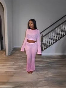 Women Sexy Lace Ripped See-Through Long Sleeve Crop Top and Pants Two Piece Set 3