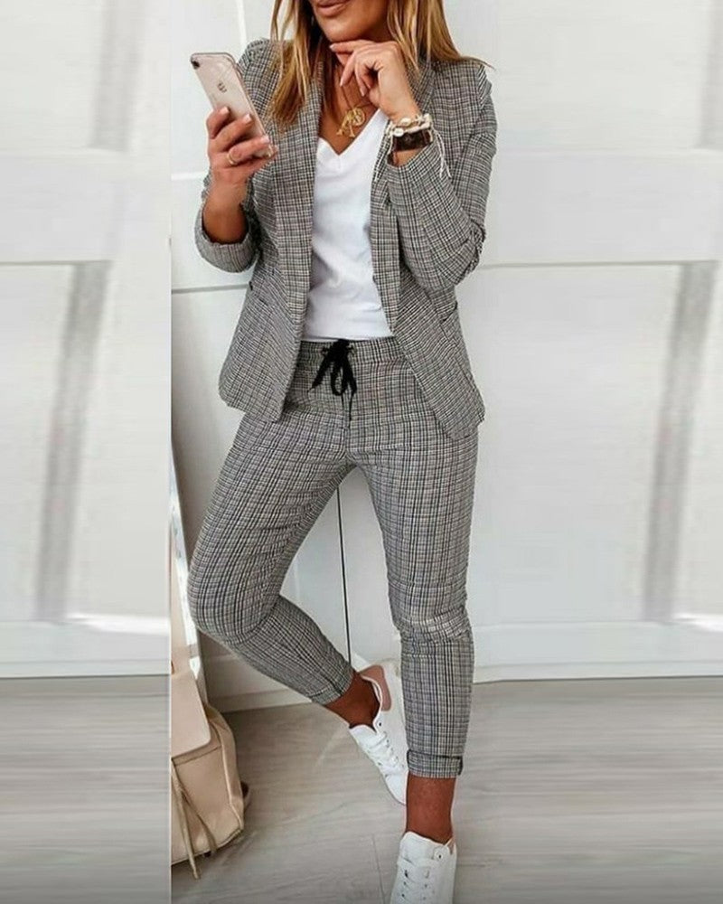Casual Fashion Suit Women's Plaid Blazer and Pants Suit 12