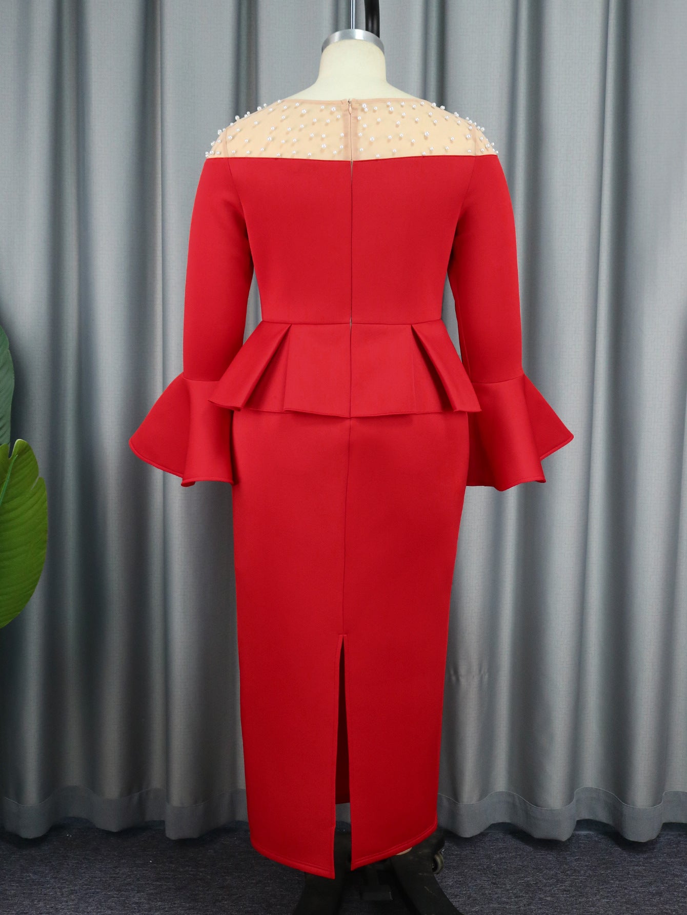 Round Neck See-Through Beaded Flare Sleeve Sexy Peplum Dress 4