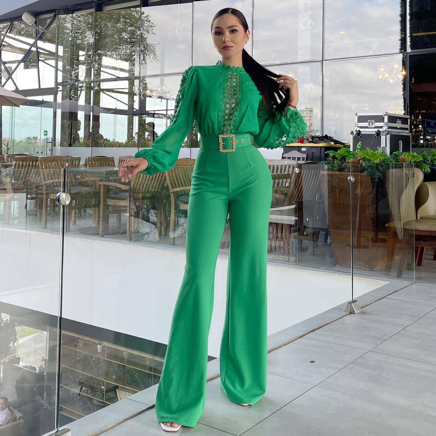 Women Elegant Lace Patchwork Lace-Up Wide-Leg Jumpsuit 29