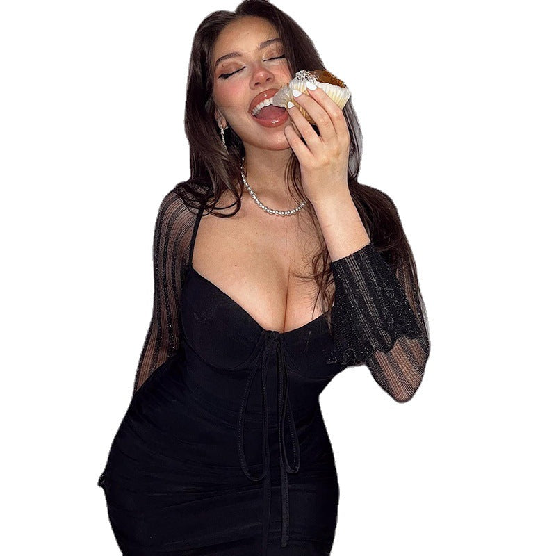 Women Lace Mesh Patchwork Long Sleeve Bodycon Dress 6