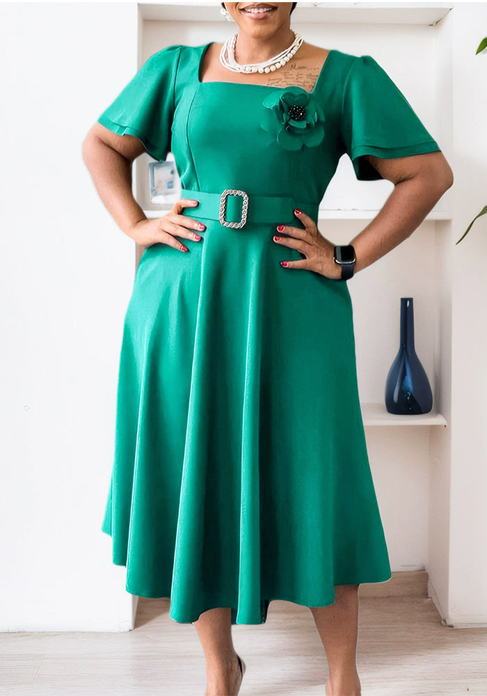 Women summer square neck solid African dress