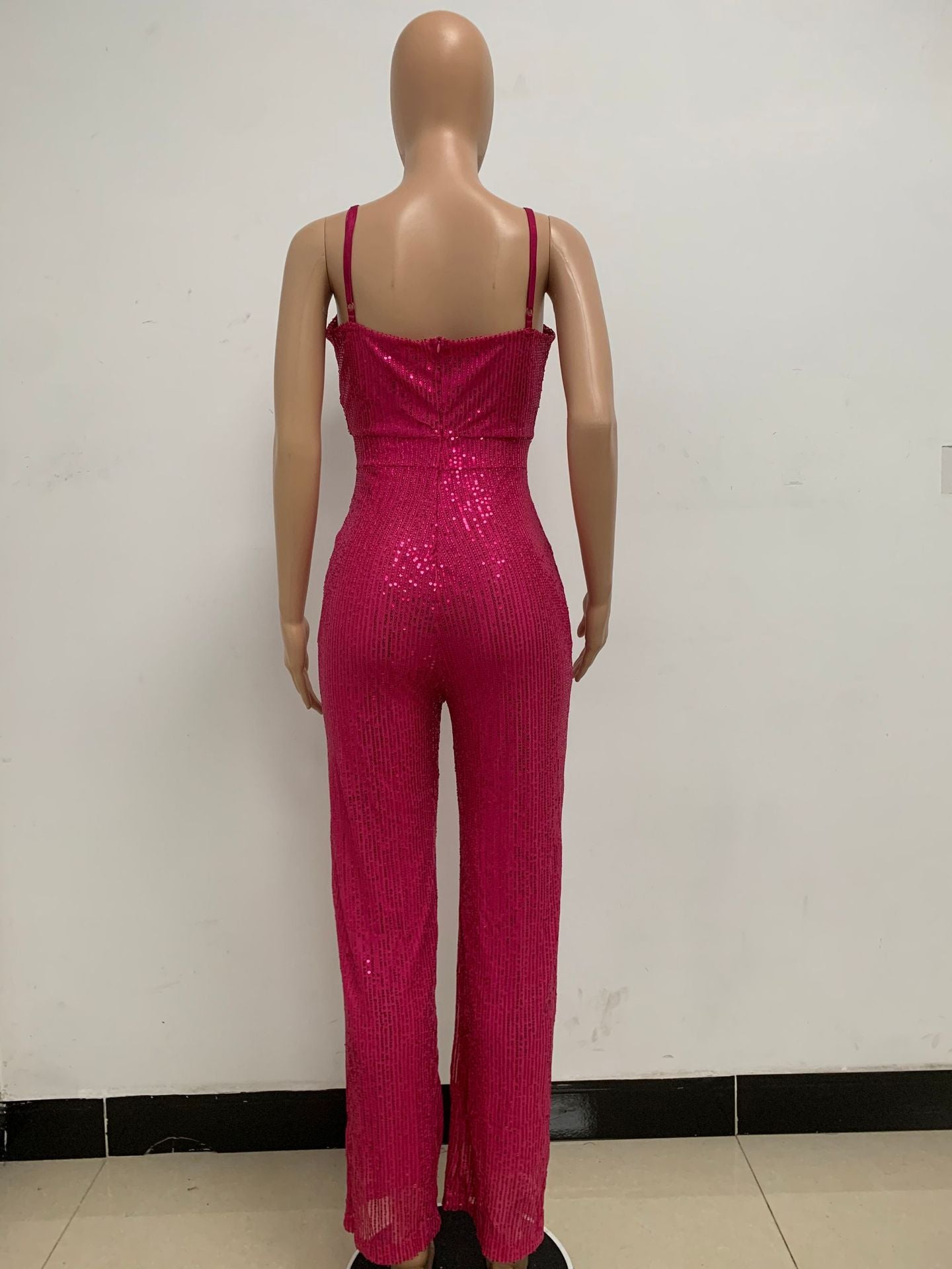 Deep V Neck Low Back Sleeveless Chic Sequined Straps Elegant Women's Party Jumpsuit 70