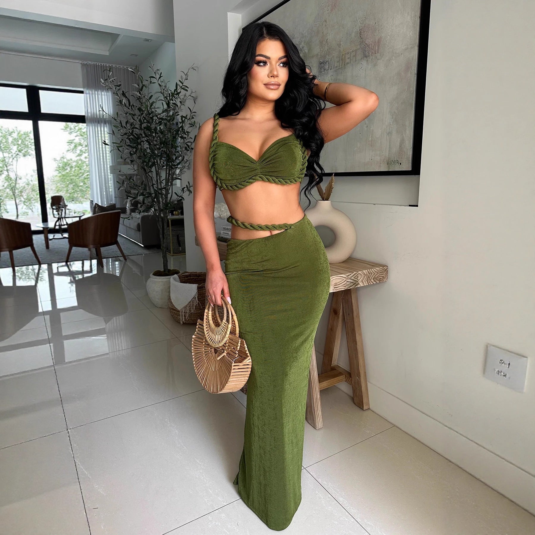 Casual Strap Crop Top High-Waist Hollow Long Skirt Two-Piece Set 7