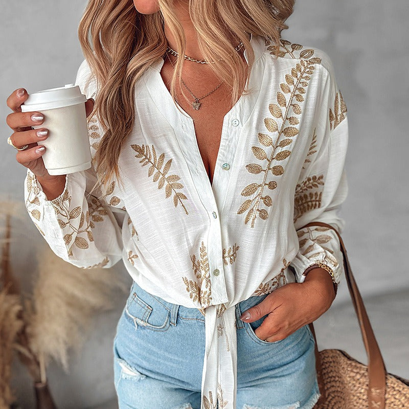 Women Casual Embroidered Leaf Lace-Up Shirt 3
