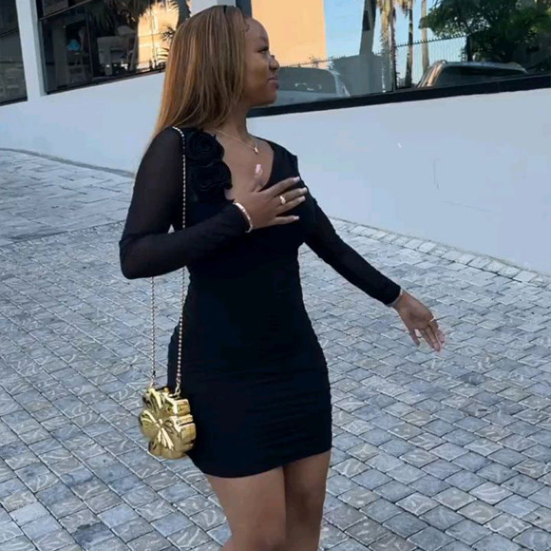 Solid Color Women's Slim Slash Shoulder Long-Sleeve Short Bodycon Dress 3