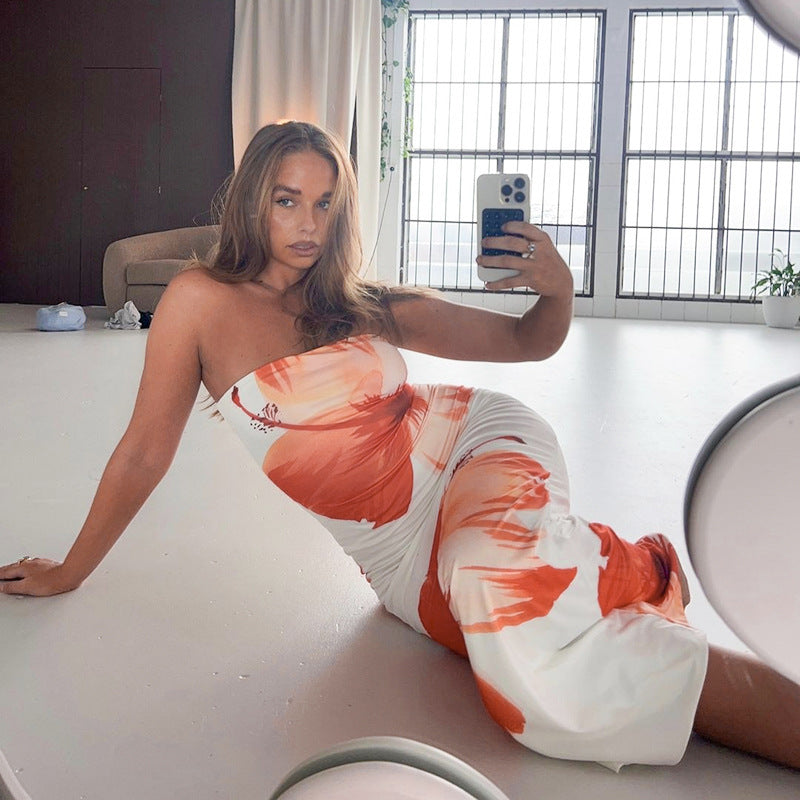 Women Summer Print Sexy Strapless Bodycon Dress 5